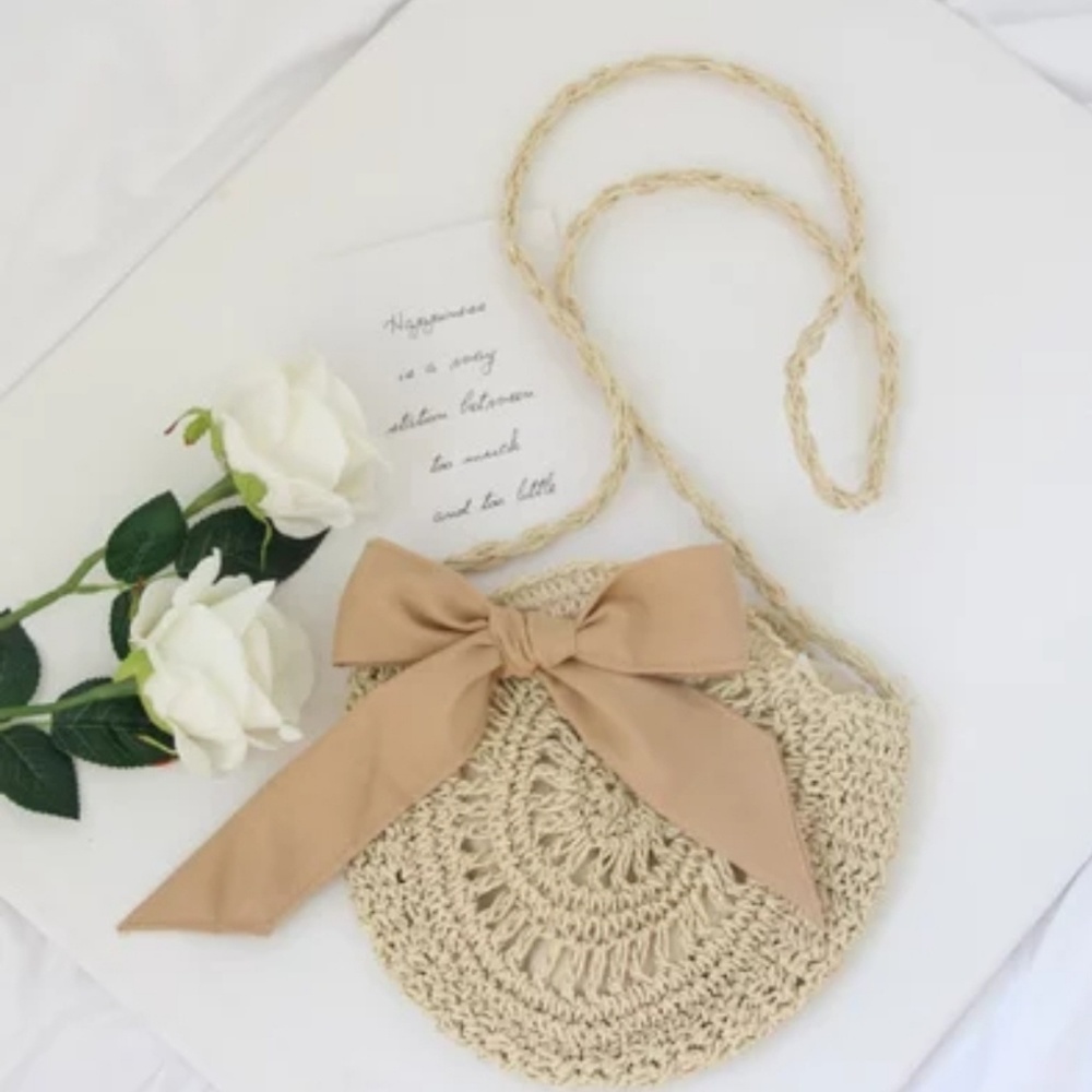 🆕Cute Circle Straw Bags with cute Bow Beige Brown